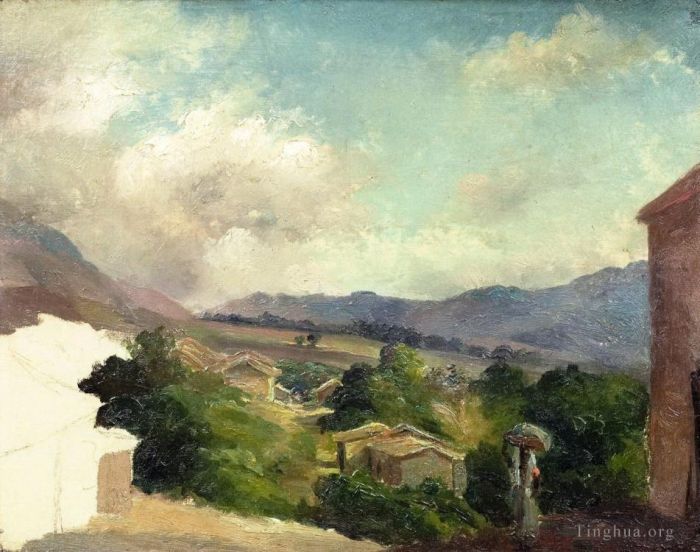 卡米耶·毕沙罗 的油画作品 -  《圣托马斯安的列斯群岛的山景未完成》