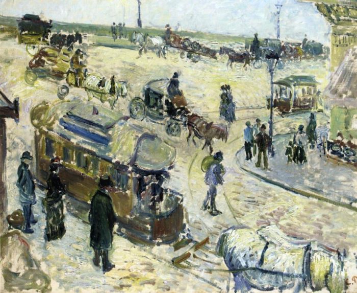 卡米耶·毕沙罗 的油画作品 -  《鲁昂共和国广场和有轨电车,1883》