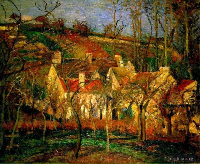 卡米耶·毕沙罗 的油画作品 -  《1877,年冬天村庄的红屋顶角落》