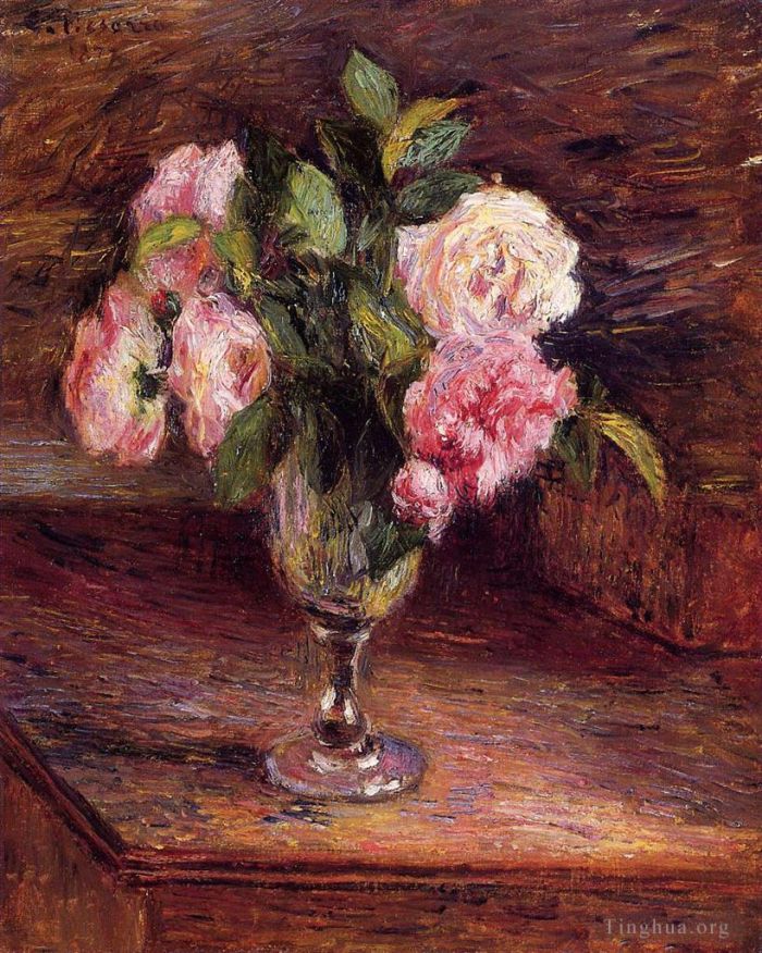 卡米耶·毕沙罗 的油画作品 -  《玻璃杯中的玫瑰,1877》