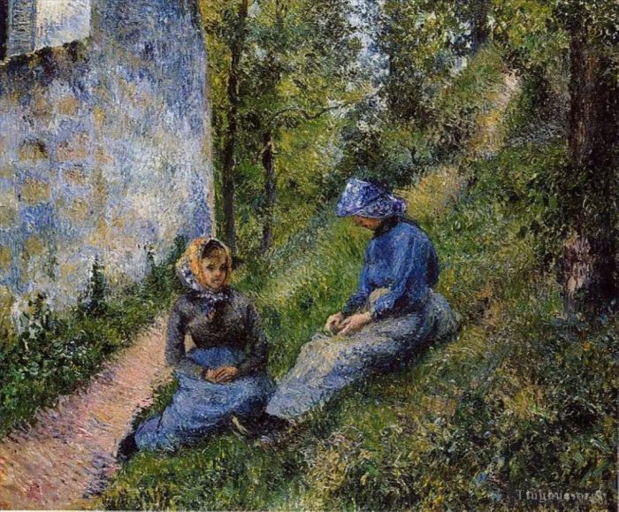 卡米耶·毕沙罗 的油画作品 -  《坐着缝纫的农民,1881》