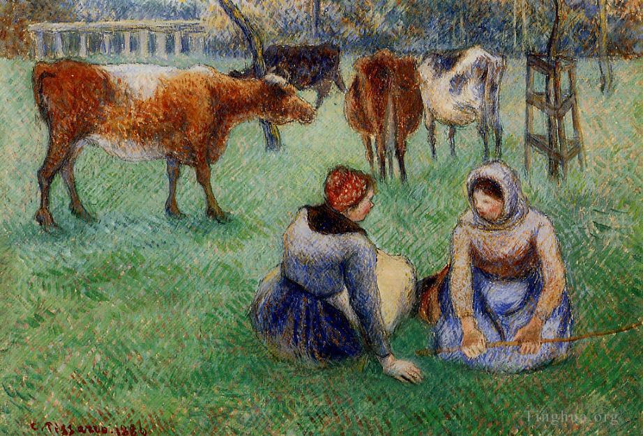 卡米耶·毕沙罗作品《坐着看牛的农民,1886》