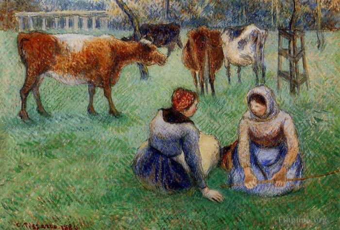 卡米耶·毕沙罗 的油画作品 -  《坐着看牛的农民,1886》