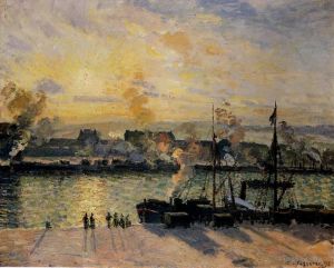 艺术家卡米耶·毕沙罗作品《日落鲁昂港汽船,1898》