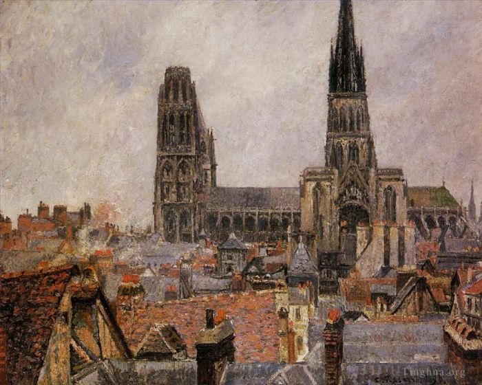 卡米耶·毕沙罗 的油画作品 -  《1896年老鲁昂灰色天气的屋顶》