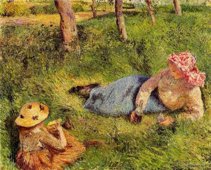 卡米耶·毕沙罗 的油画作品 -  《休息中的小吃童和青年农民,1882》