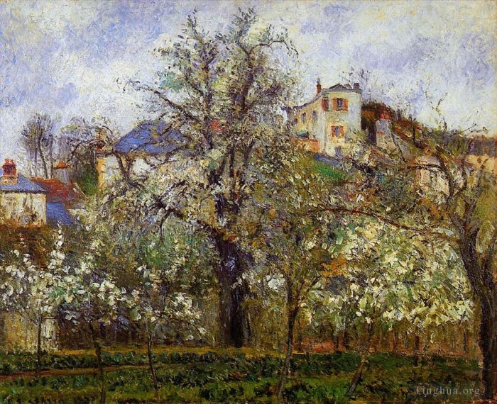 卡米耶·毕沙罗 的油画作品 -  《菜园里树木盛开，春天蓬图瓦兹,1877,年》