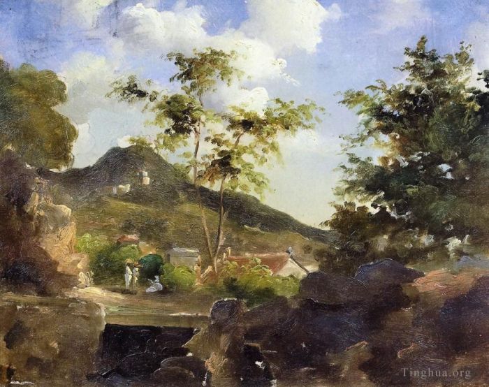 卡米耶·毕沙罗 的油画作品 -  《圣托马斯安的列斯群岛山脚下的村庄》