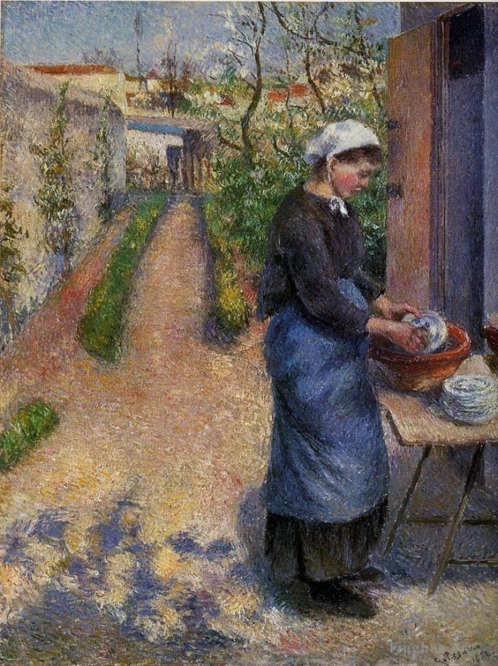 卡米耶·毕沙罗 的油画作品 -  《年轻女子洗盘子,1882》