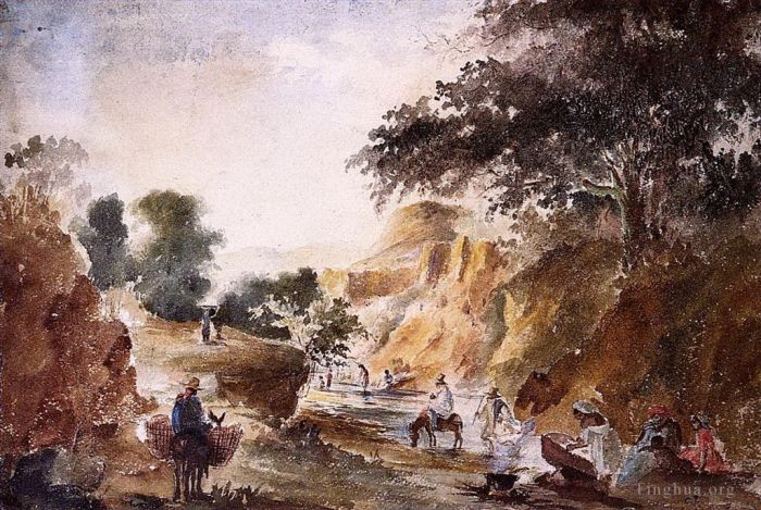卡米耶·毕沙罗 的各类绘画作品 -  《河边风景与人物》