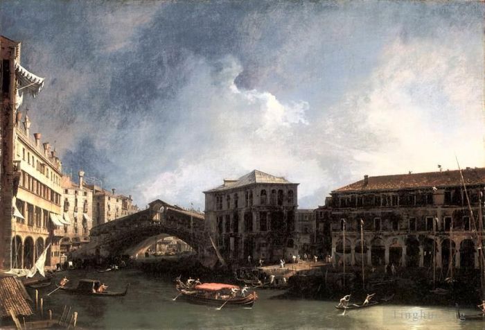 卡纳莱托 的油画作品 -  《CANALETTO,里亚托桥附近的大运河》