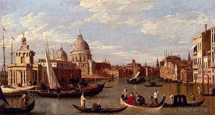 卡纳莱托 的油画作品 -  《运河乔瓦尼·安东尼奥大运河和圣玛丽亚德拉致敬与船和图的视图》