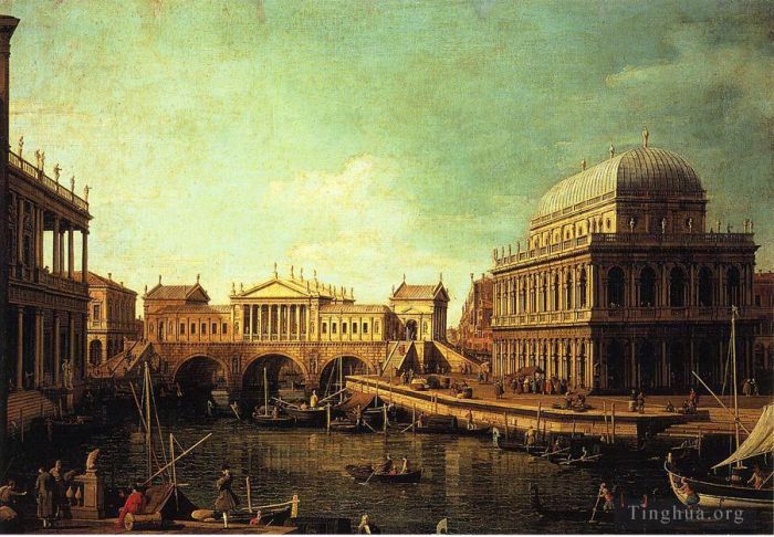 卡纳莱托 的油画作品 -  《韦琴察大教堂和里亚托桥》