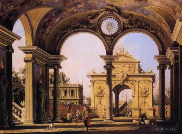 卡纳莱托 的油画作品 -  《从宫殿门廊看到的文艺复兴时期凯旋门随想曲，1755,年》
