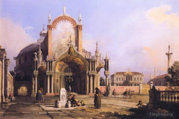 卡纳莱托 的油画作品 -  《圆形教堂随想曲，广场上有精致的哥特式门廊，帕拉第奥式广场，1755,年》