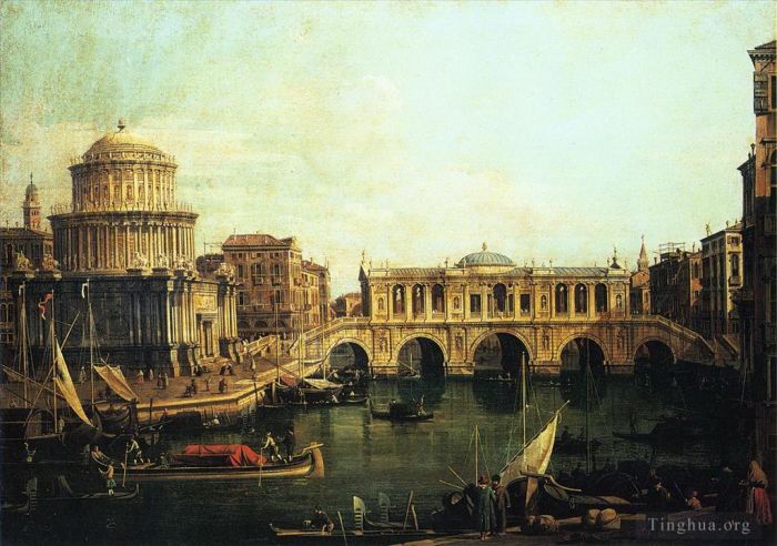 卡纳莱托 的油画作品 -  《大运河随想曲，带有想象中的里亚托桥和其他建筑》