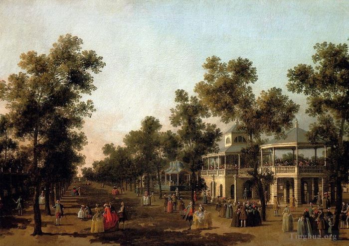 卡纳莱托 的油画作品 -  《沃克斯豪尔花园大步道与管弦乐队馆,土耳其风琴室的景观》
