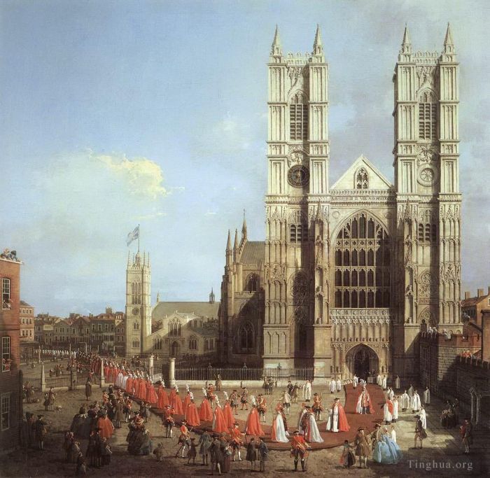 卡纳莱托 的油画作品 -  《威斯敏斯特教堂与巴斯骑士游行，1749,年》