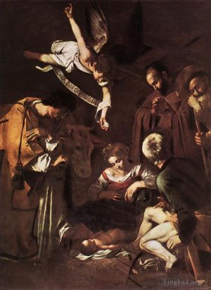 艺术家卡拉瓦乔作品《耶稣诞生与圣弗朗西斯和圣劳伦斯》