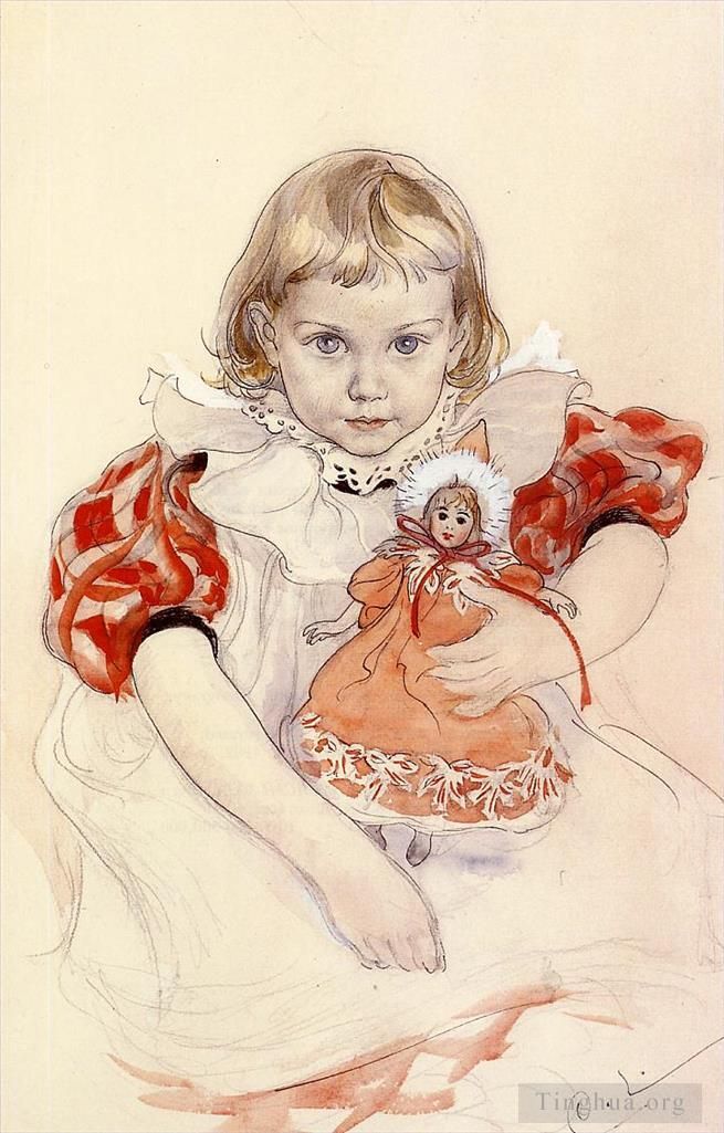 卡尔·拉森 的各类绘画作品 -  《一个带着洋娃娃的年轻女孩》