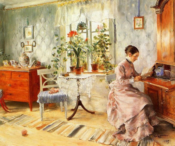 卡尔·拉森 的各类绘画作品 -  《一位女士正在读书的室内装饰》