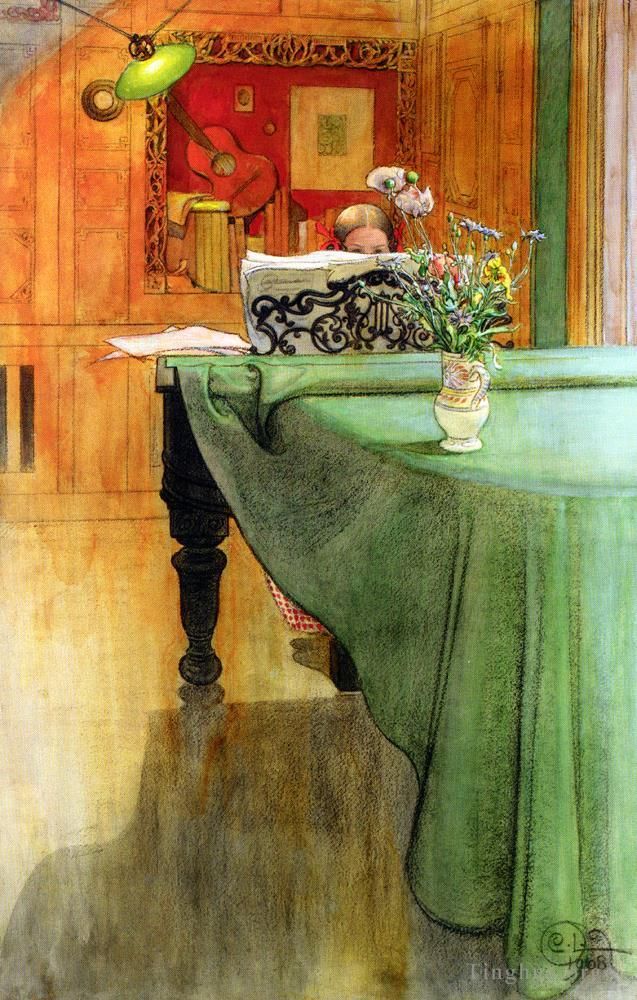 卡尔·拉森 的各类绘画作品 -  《Brita,Vid,Pianot,布丽塔在钢琴上,1908》