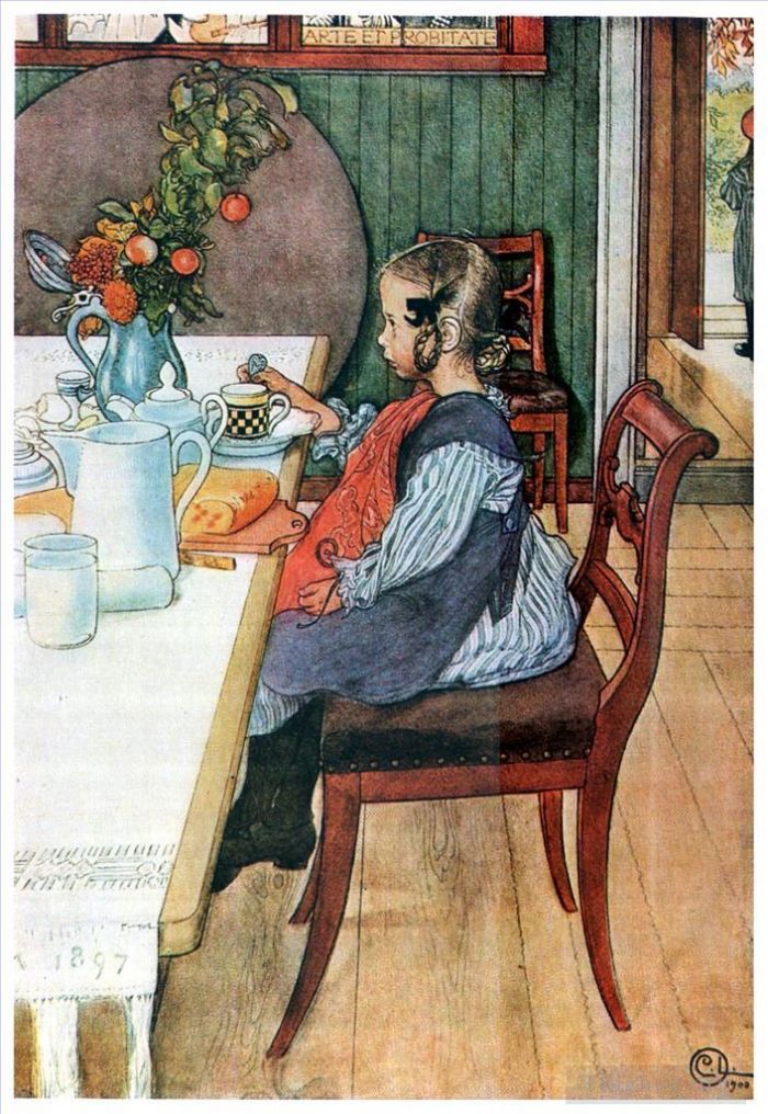 卡尔·拉森 的各类绘画作品 -  《一个晚起的人的早餐很糟糕,1900》