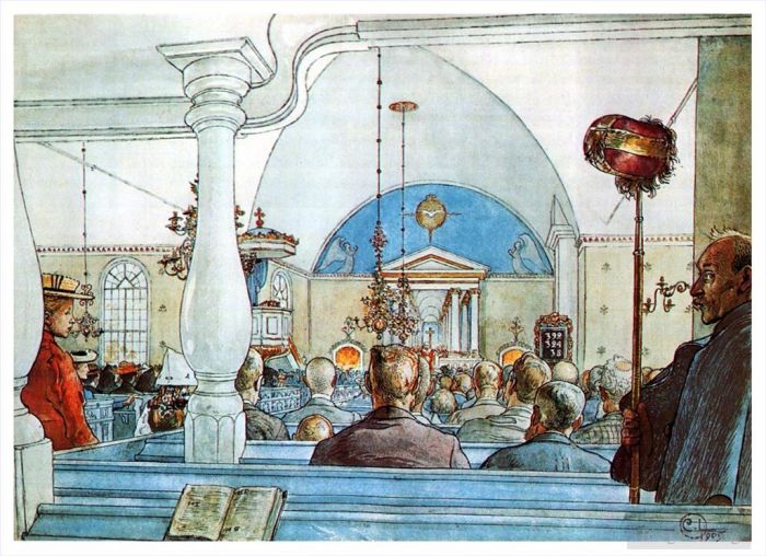 卡尔·拉森 的各类绘画作品 -  《1905年在教堂》