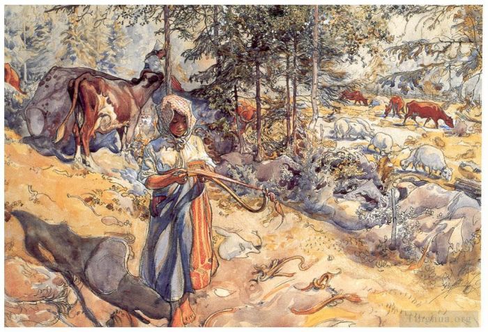 卡尔·拉森 的各类绘画作品 -  《草地上的女牛仔,1906》