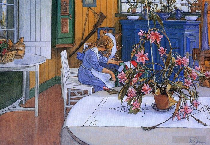 卡尔·拉森 的各类绘画作品 -  《室内有仙人掌,1914》