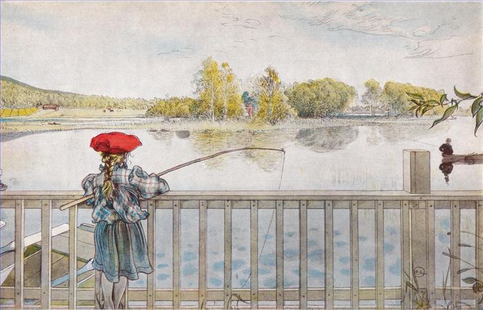 卡尔·拉森 的各类绘画作品 -  《莉丝贝斯钓鱼,1898》