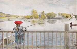 艺术家卡尔·拉森作品《莉丝贝斯钓鱼,1898》