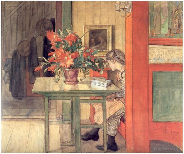 卡尔·拉森 的各类绘画作品 -  《莉丝贝斯阅读,1904》