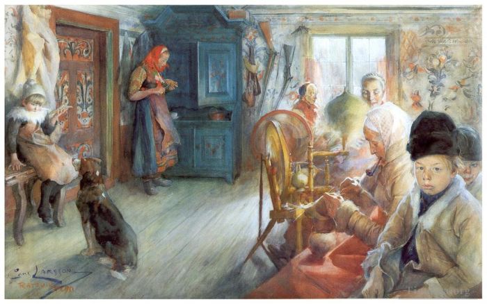 卡尔·拉森 的各类绘画作品 -  《1890,年冬天的农民室内》