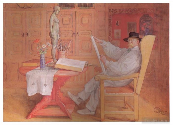 卡尔·拉森 的各类绘画作品 -  《工作室自画像,1912》