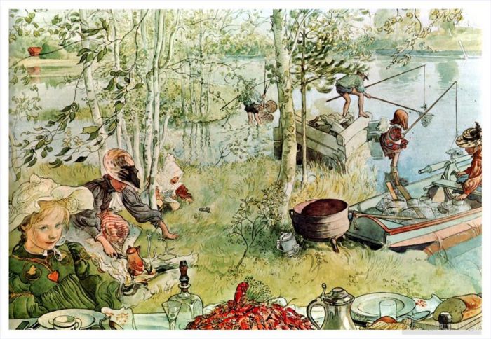 卡尔·拉森 的各类绘画作品 -  《小龙虾季于,1897,年开始》