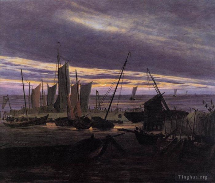 卡斯帕·大卫·弗里德里希 的油画作品 -  《晚上在港口的船只》