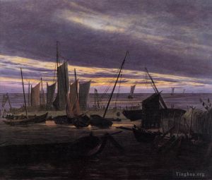 艺术家卡斯帕·大卫·弗里德里希作品《晚上在港口的船只》