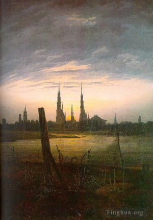 艺术家卡斯帕·大卫·弗里德里希作品《月出时的城市》