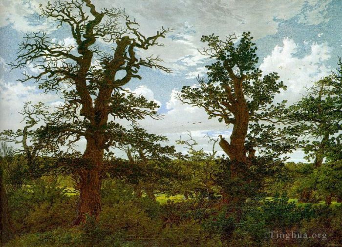 卡斯帕·大卫·弗里德里希 的油画作品 -  《有橡树和猎人的风景》