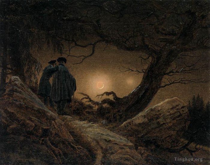 卡斯帕·大卫·弗里德里希 的油画作品 -  《两个人沉思月亮》