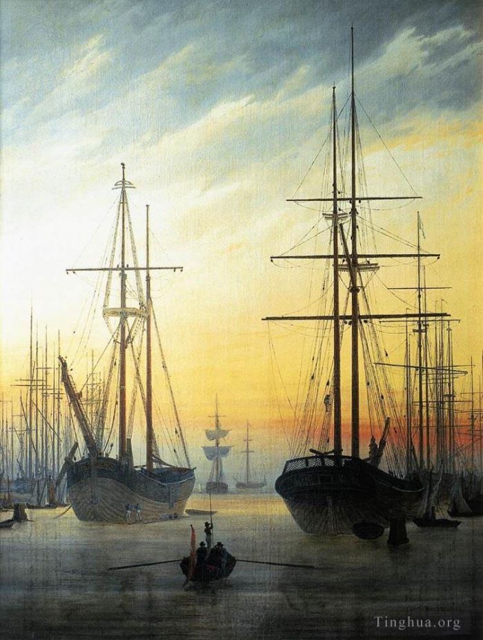 卡斯帕·大卫·弗里德里希 的油画作品 -  《港口浪漫船的景色》
