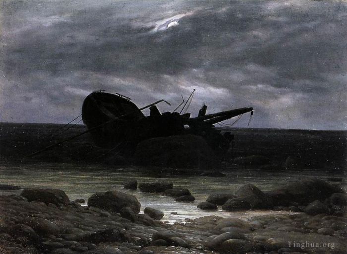 卡斯帕·大卫·弗里德里希 的油画作品 -  《月光下的沉船浪漫船》