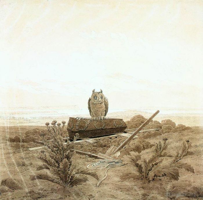 卡斯帕·大卫·弗里德里希 的各类绘画作品 -  《风景与坟墓和猫头鹰》