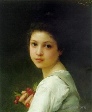 艺术家查尔斯-阿马布勒·勒努瓦作品《一个拿着樱桃的年轻女孩的肖像》