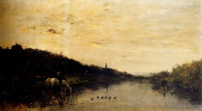 查尔斯-弗朗索瓦·多比尼 的油画作品 -  《瓦兹边境Chevaux,Au,Bord,De,L,Oise》