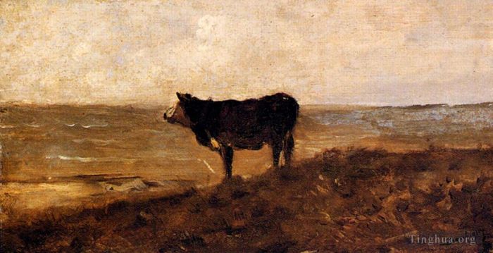 查尔斯-弗朗索瓦·多比尼 的油画作品 -  《孤独的牛》