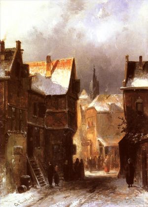 艺术家查尔斯·雷科特作品《冬天的荷兰小镇》