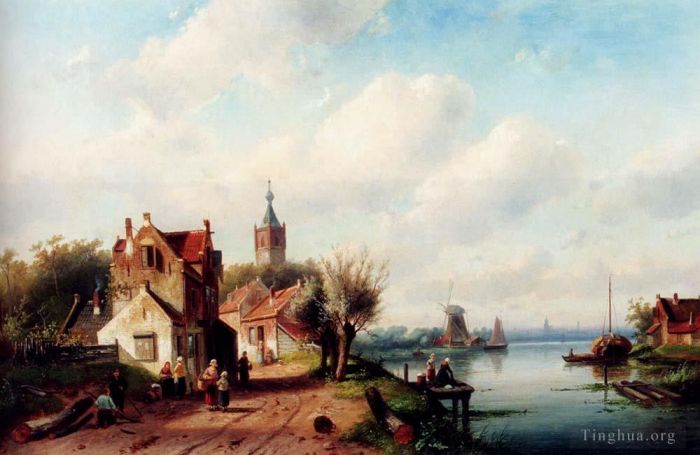 查尔斯·雷科特 的油画作品 -  《河边的村庄,远处的小镇》