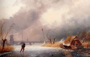艺术家查尔斯·雷科特作品《冰冻水道上溜冰者的冬季景观》